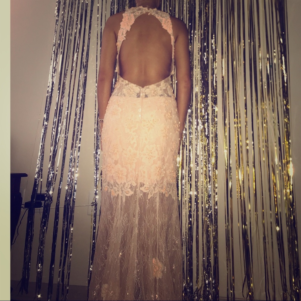 Peach, laced, Camille La Vie prom dress
